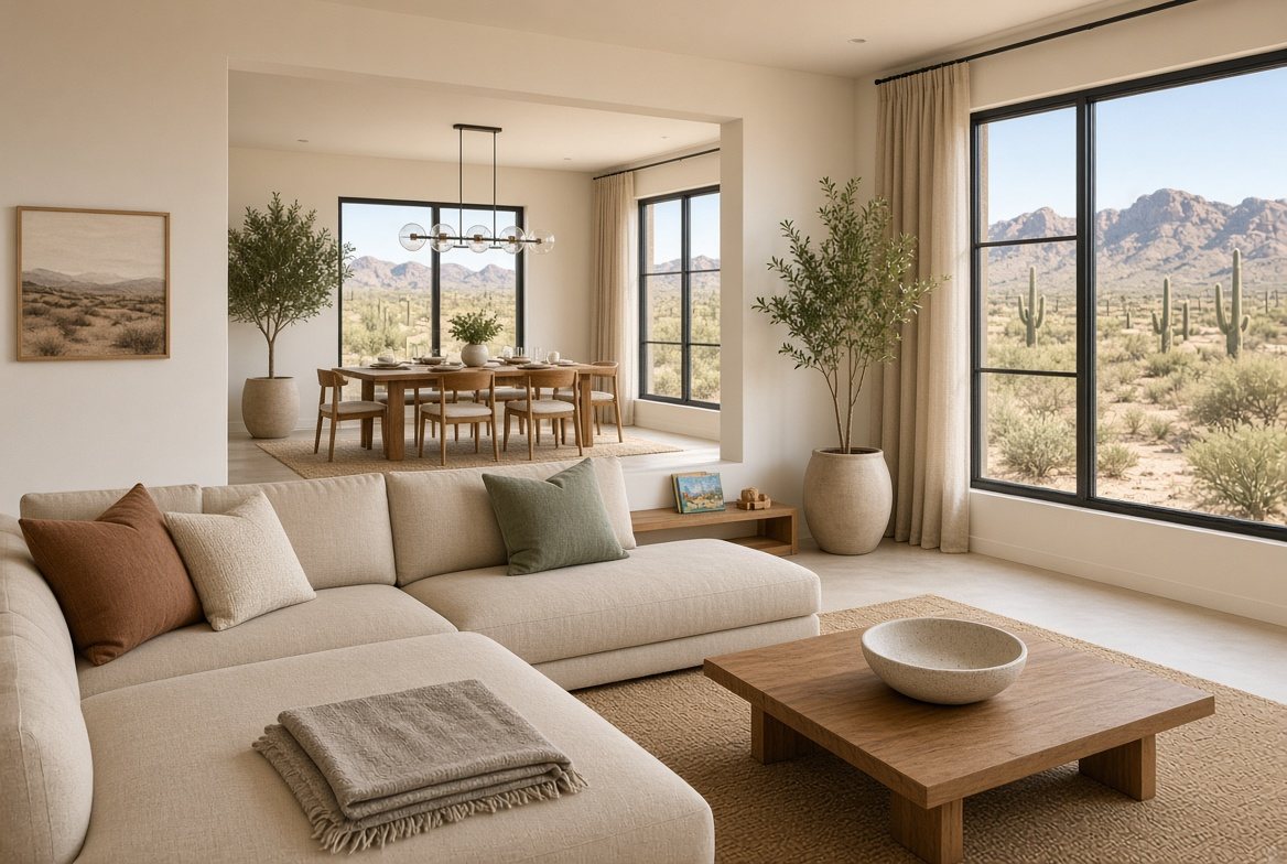 Staged open-plan living and dining room with a linen sectional, olive trees, and floor-to-ceiling windows facing desert mountains