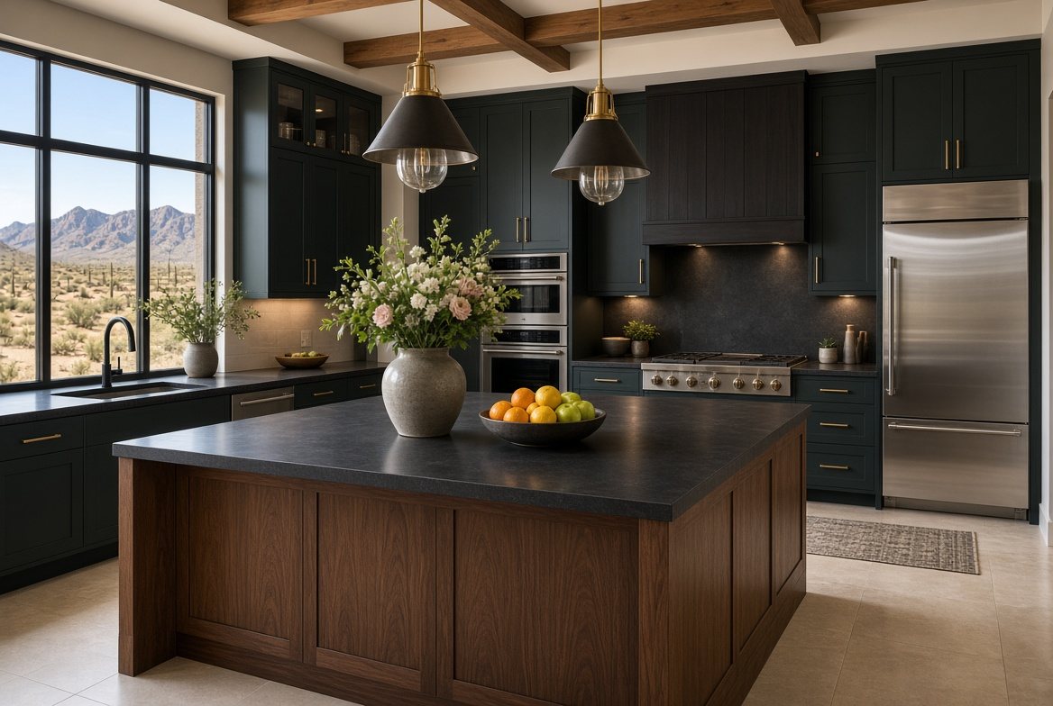 Staged kitchen with deep green cabinets, a walnut island, brass pendant lights, and a window facing desert mountains