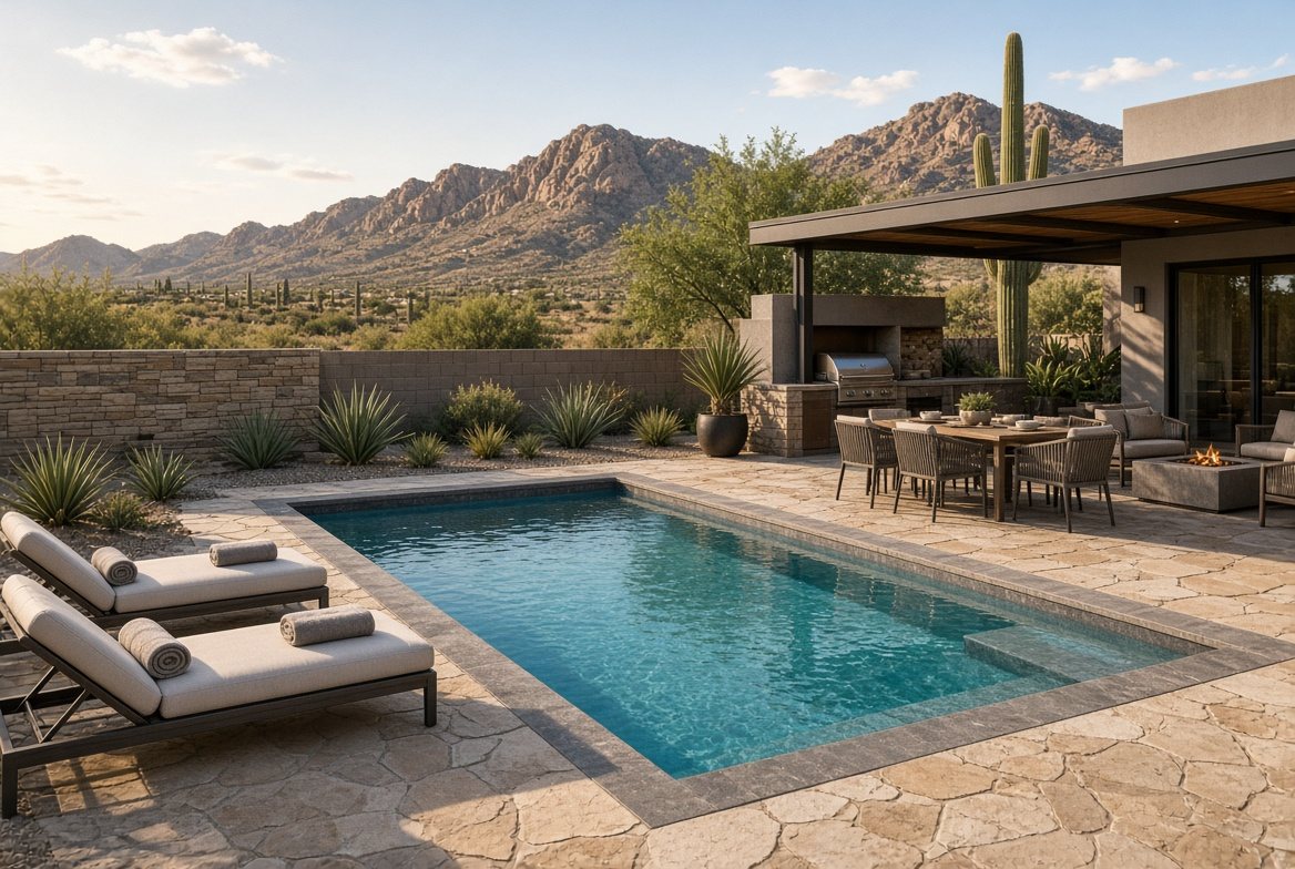 Staged backyard with a turquoise pool, lounge chairs, outdoor kitchen, and fire table beneath desert mountains at sunset